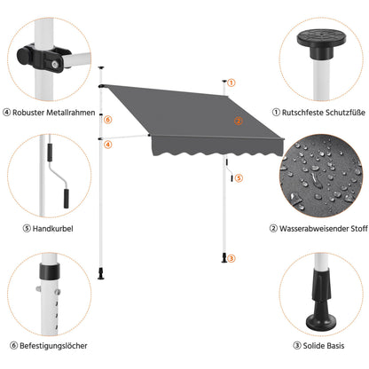 Yaheetech Klemmmarkise 200 cm Balkonmarkise mit Handkurbel, dunkelgrau