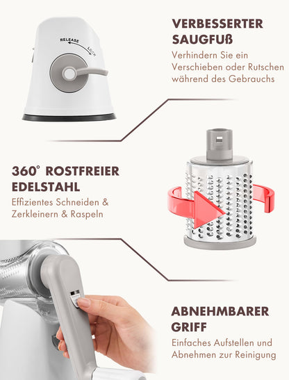 GDL Käsereibe mit Kurbel, Trommelreibe mit 5 Trommelblättern, Grau