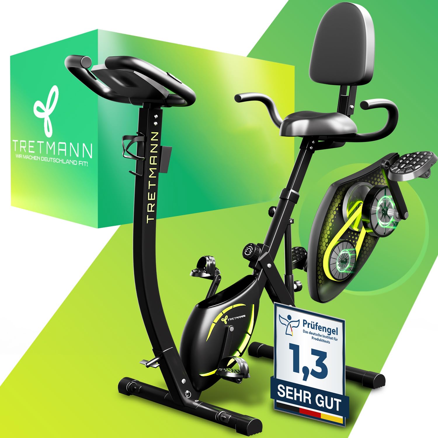 Tretmann 3in1 Ergometer klappbar – tiefer Einstieg. Kompaktes, faltbares Fitnessgerät mit tiefem Einstieg zum Herz-Kreislauf-Training.