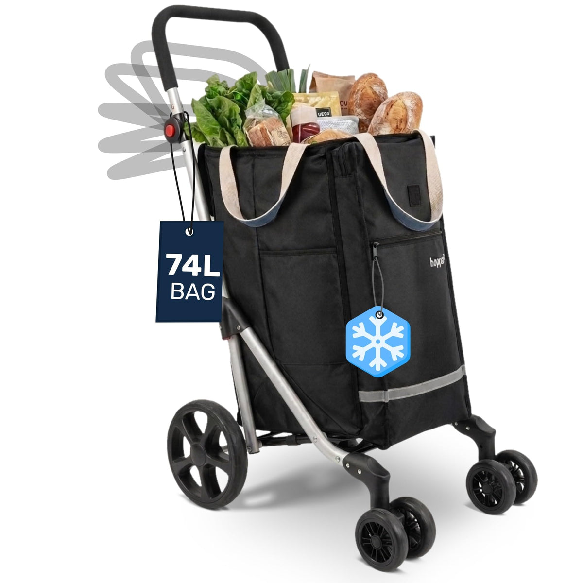 Hoppa Einkaufstrolley ST101 klappbar mit 6 Rädern, 74 l in Schwarz, Bezug aus Polyester-Mikrofaser