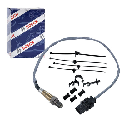 Bosch 0281004148 Lambdasonde – mit fahrzeugspezifischem Stecker. Metallische Sonde misst Sauerstoff im Abgas.