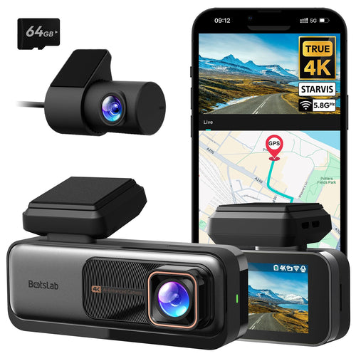 BOTSLAB Dashcam 4K GPS WiFi Dual Autokamera – Vorne/Hinten 64GB. Kompaktes schwarzes Gehäuse. Zeichnet Fahrten in 4K vorne und hinten auf.