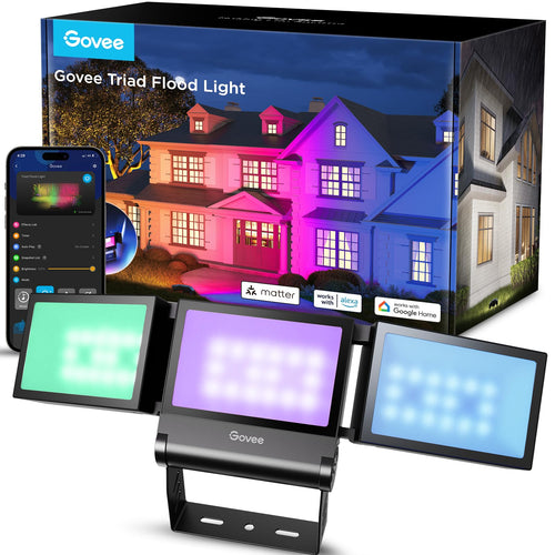 Govee Triade RGBIC LED Strahler Outdoor - Smart Matter. Drei schwarze, runde Strahlerköpfe. Steuert RGBIC-Licht außen via Matter.