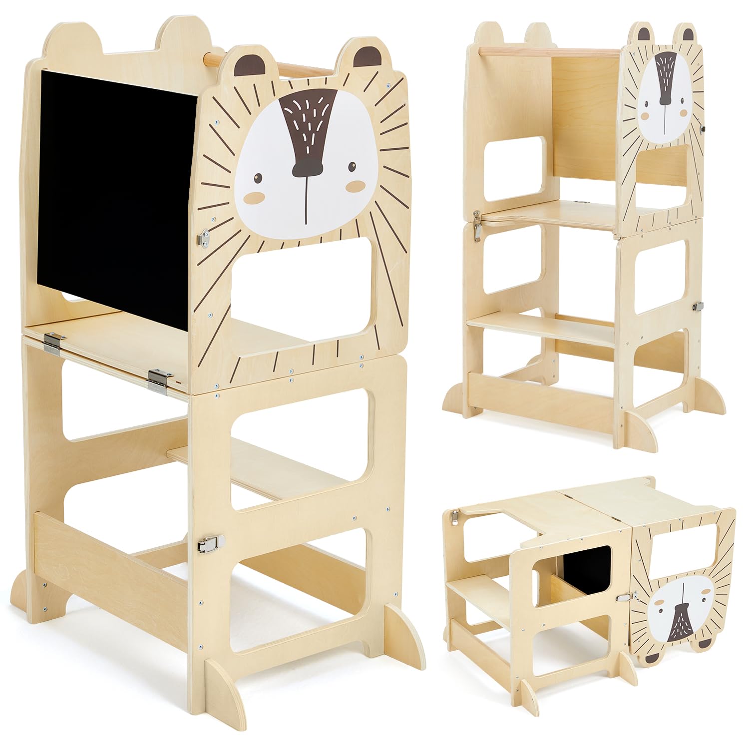 labebe Lernturm Montessori Klappbar 2-in-1 Gross mit Boards. Naturfarbener Holzturm. Erhöht Kinder sicher für Küchenaktivitäten. Mit integrierten Tafeln.