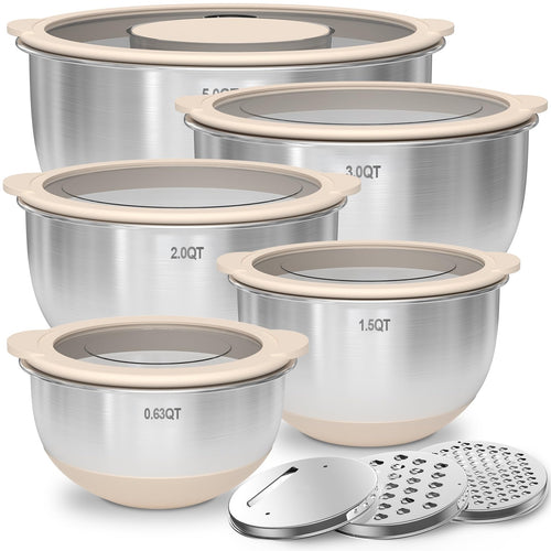 Deedro Edelstahl Schüssel Set mit Deckel und Reibe, 5-teilig, Khaki – runde Schüsseln mit transparenten Deckeln