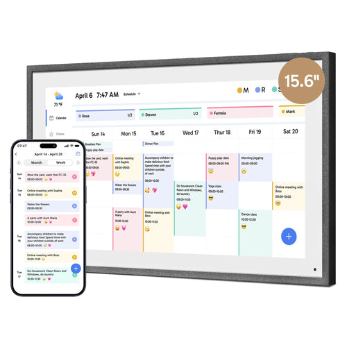Dragon Touch 15.6 Zoll Elektronischer Wandkalender – Schwarz. Schwarzer 15.6-Zoll-Bildschirm für digitale Kalenderanzeige.