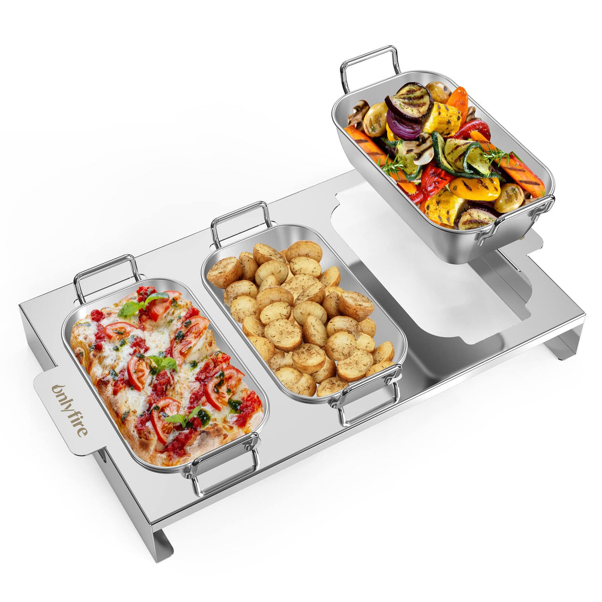 Onlyfire Grillpfännchen 3er-Set, Edelstahl mit Griffen und Ständer – kompakte Grillschalen für Gasgrill und Ofen