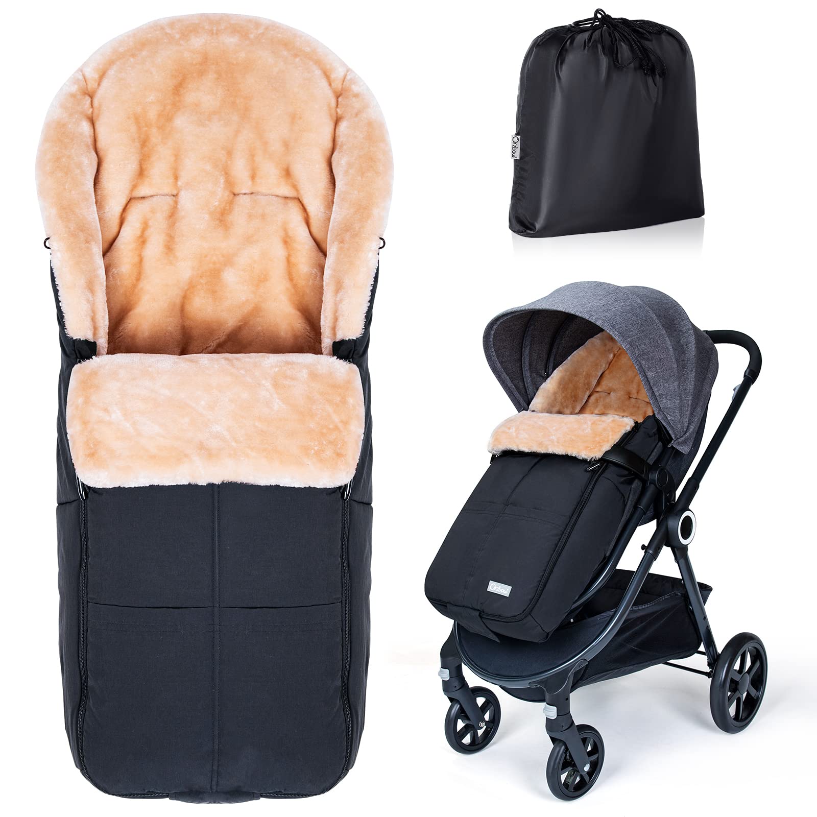 Orzbow Fusssack Buggy Universal Winter – Kunstfell, Schwarz. Schwarzer Fusssack mit Kunstfell. Hält das Baby im Buggy im Winter warm.