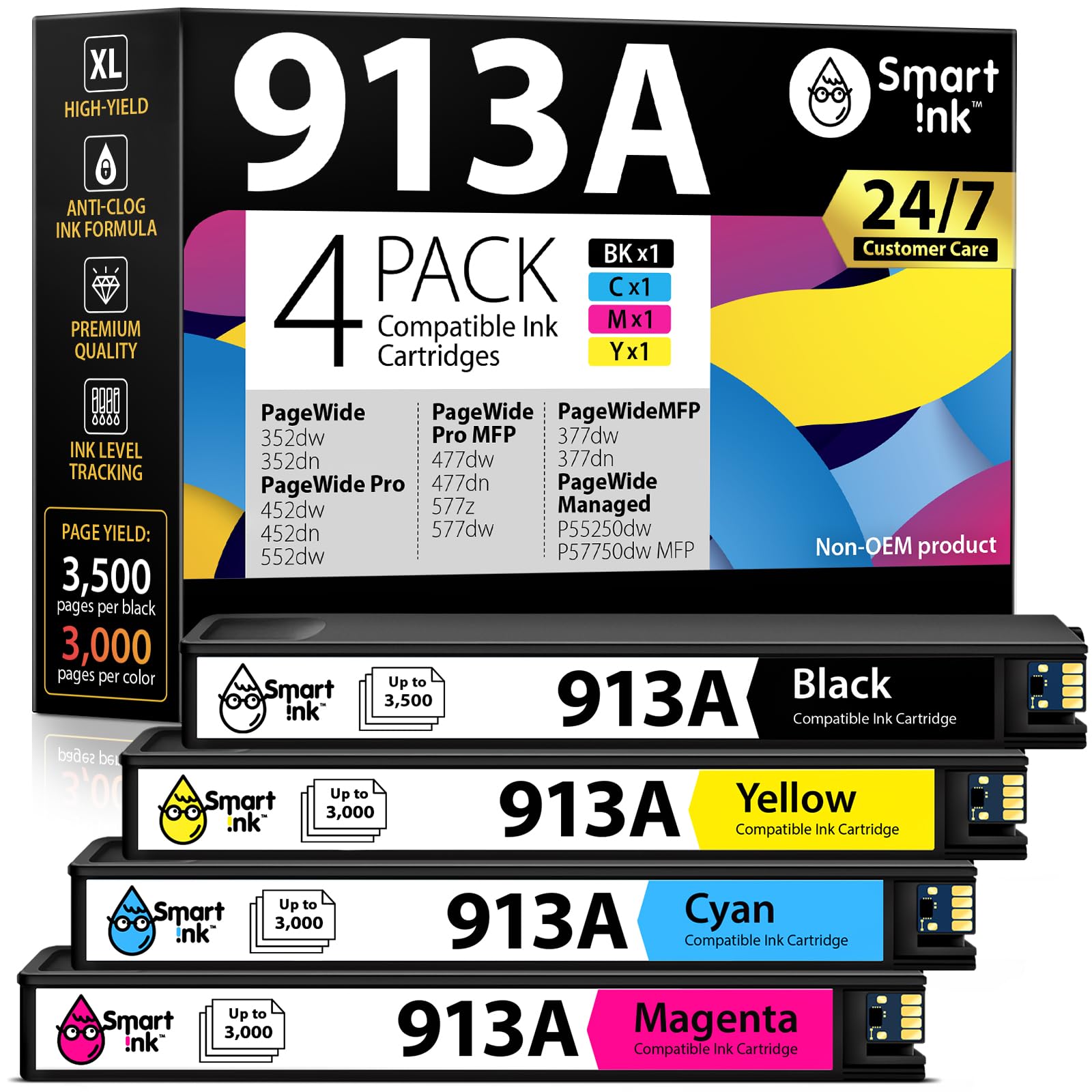 Smart Ink HP 913A Kompatible Druckerpatronen - 4er Multipack. Vier Patronen Schwarz, Cyan, Magenta, Gelb. Enthalten Tinte für Farbdrucke in HP-Druckern.