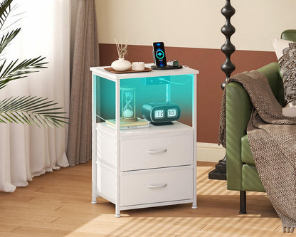 Coleshome Nachttisch Weiss mit LED, 2 USB-Anschlüssen und Steckdose