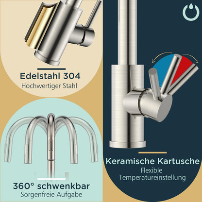 FORIOUS Küchenarmatur mit herausziehbarer Brause, Edelstahl