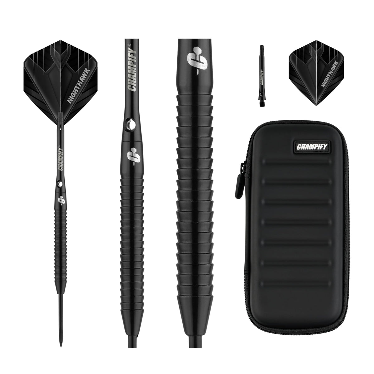 Champify Nighthawk Steeldarts Set, 90% Tungsten, 23 g, mit Tasche – drei schwarze Darts mit Metallspitze