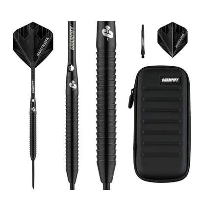 Champify Nighthawk Steeldarts Set, 90% Tungsten, 23 g, mit Tasche – drei schwarze Darts mit Metallspitze