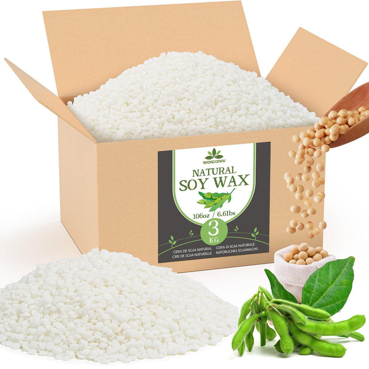 Waxcanpy Sojawachs für Kerzen 3 kg, 100% natürliches Kerzenwachs als Granulat zum Kerzengiessen