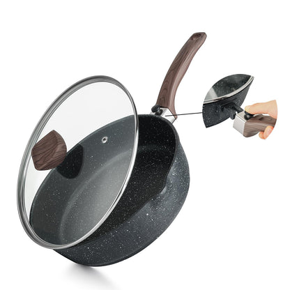 Kordisen Sautepfanne 28 cm mit Glasdeckel, Antihaft, Induktion mit abnehmbarem Griff in Holzoptik und Ausgiesser