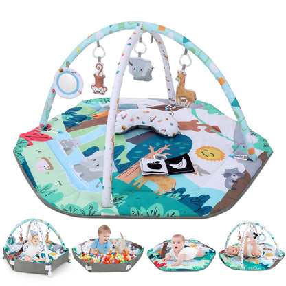 Lilian&Gema Spielbogen Baby 4-in-1 Spielmatte mit 6 Spielzeugen, Zoo-Design, faltbar