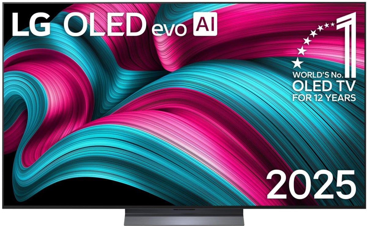 LG OLED65C5ELB 4K OLED evo AI TV 65 Zoll Modell 2025. Schwarzer, rechteckiger Bildschirm für gestochen scharfe Heimkino-Unterhaltung.