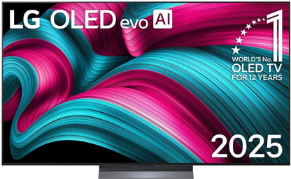 LG OLED65C5ELB 4K OLED evo AI TV 65 Zoll Modell 2025. Schwarzer, rechteckiger Bildschirm für gestochen scharfe Heimkino-Unterhaltung.