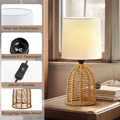 GyroVu Nachttischlampe 2er Set Rattan Boho Tischlampe mit E27 Fassung