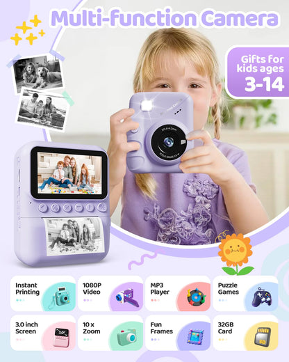 TIATUA Kinderkamera Sofortbildkamera 48MP mit 32 GB Karte, lila
