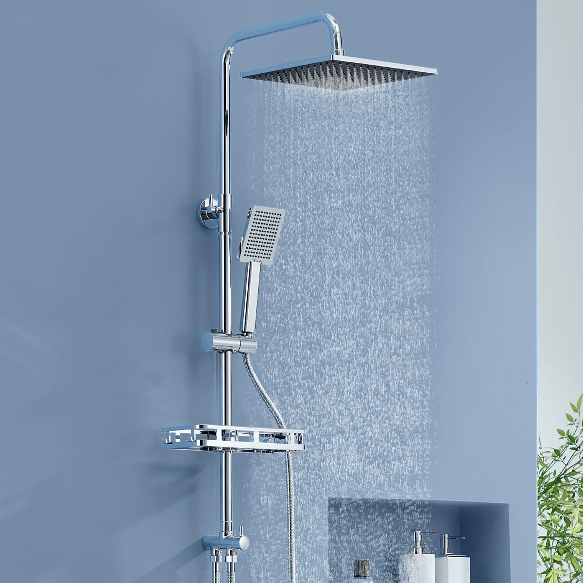 Auralum Duschsystem Regendusche mit Handbrause, Edelstahl, Chrom – eckiger Duschkopf, verchromte Oberfläche