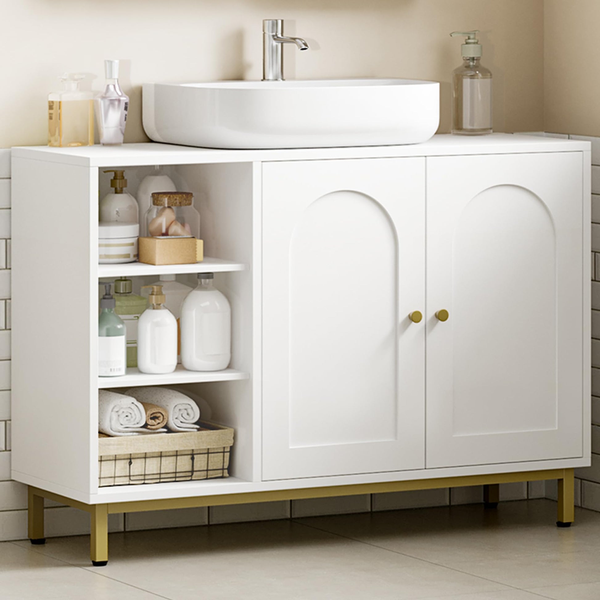 Hzuaneri Waschbeckenunterschrank Badezimmer Weiss BC09803G. Rechteckiger Badmöbel, schafft Stauraum unter dem Waschbecken. Mit Abflussöffnung.