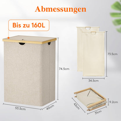 Lifewit Wäschekorb Bambus mit Deckel, 160 L, 2 Fächer, beige