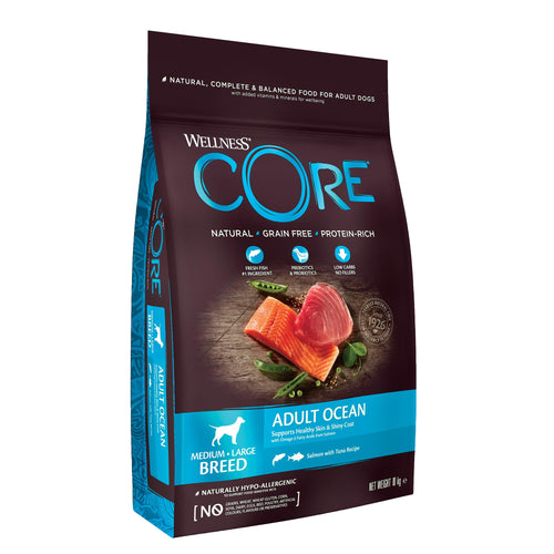 Wellness CORE Ocean Hundefutter trocken – Lachs & Thunfisch 10 kg. Braune, knusprige Kroketten. Alleinfuttermittel für ausgewachsene Hunde.