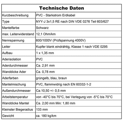 MAS Premium NYY-J 3x1,5 mm² Erdkabel Starkstromkabel - 50m