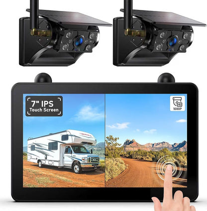 ZEROXCLUB Rückfahrkamera kabellos Solar mit 7 Zoll 1080P Touchscreen – Magnetkamera mit Monitor für Wohnmobil