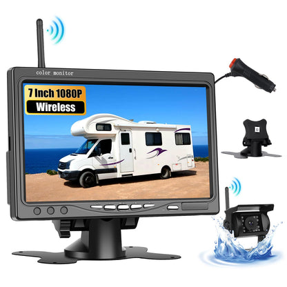 CAMECHO Rückfahrkamera System – Kabellos 7" HD Monitor IP68. Schwarzer Monitor, kompakte Kamera. Zeigt kabellos Videobilder zum sicheren Rangieren.