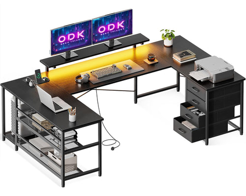 ODK Gaming Eckschreibtisch – reversibel, LED, USB, schwarz. Schwarzer L-förmiger Tisch für flexiblen Gaming-PC-Arbeitsplatz.