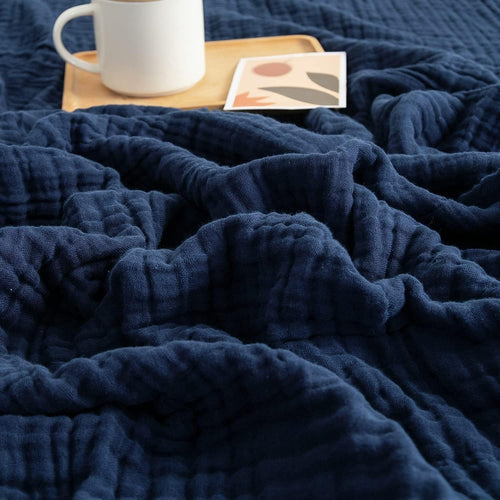 EMME Musselin-Decke 100% Baumwolle, 230 x 230 cm, Navy Blau – atmungsaktiver Überwurf aus Musselin-Gaze