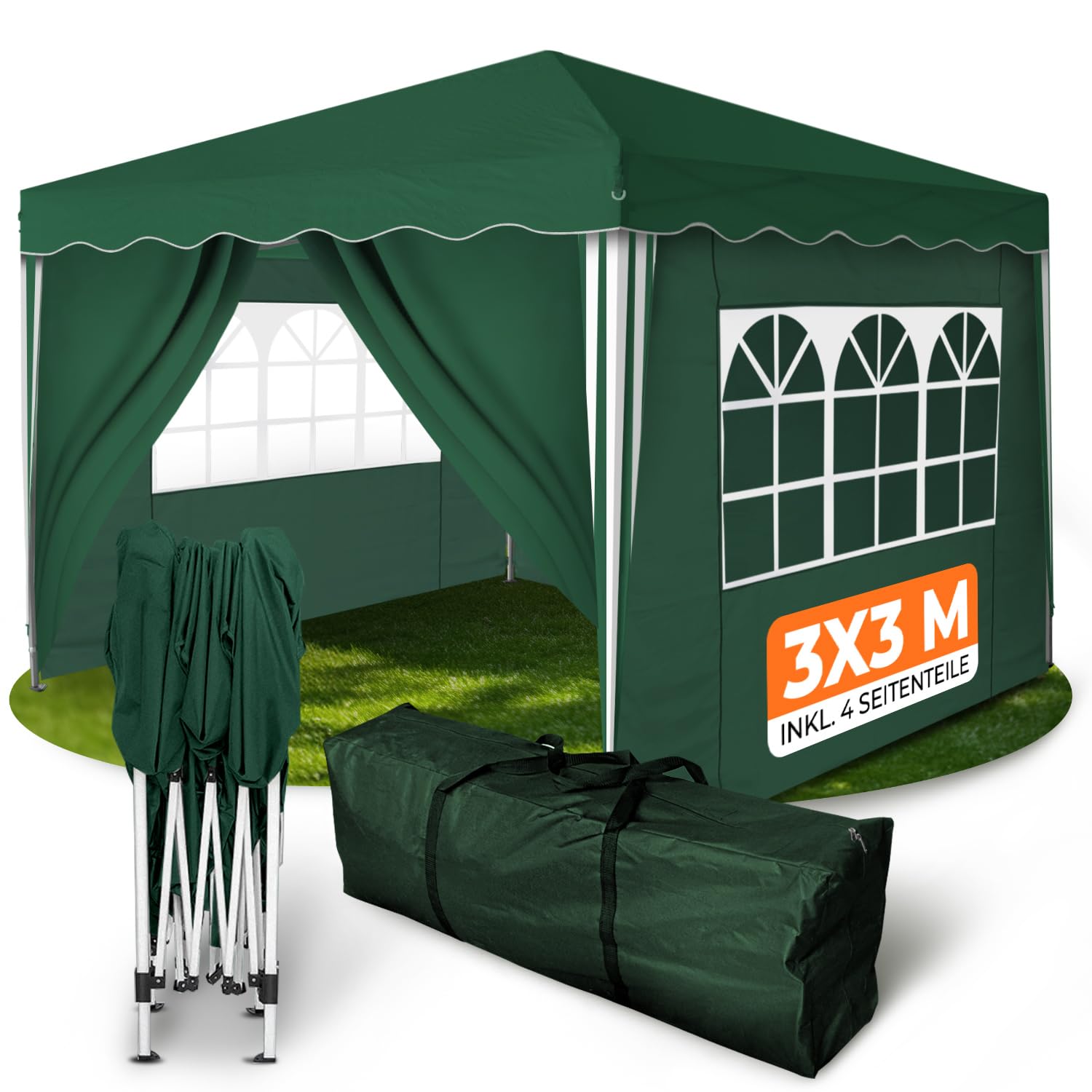 Kronenburg Faltpavillon 3x3m Wasserdicht Grün - 4 Seitenteile. Grüner Faltpavillon mit 4 Seitenwänden. Schützt vor Sonne und Regen.
