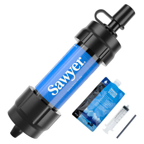 Sawyer Mini PointONE Outdoor Notfall Wasserfilter - Blau. Kompakter, blauer Hohlfasermembranfilter zur Trinkwasseraufbereitung für Outdoor-Notfälle.