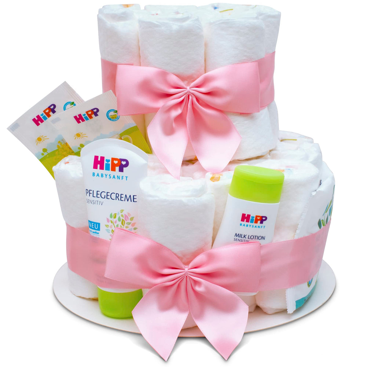MilaBoo Windeltorte Mädchen rosa, 2-stöckig, Geschenk zur Geburt – aus 26 Premiumwindeln in Geschenkfolie