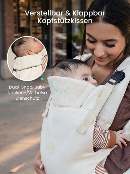 Grownsy Babytrage mit Kopfstütze, ergonomisch, 3-20 kg, Cremeweiss