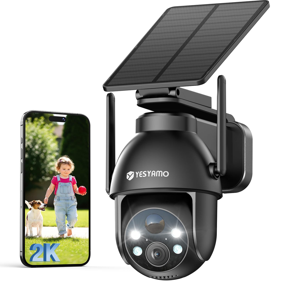 YESYAMO 2K Überwachungskamera Aussen mit Akku, Solarpanel, Pan/Tilt – schwenkbarer Kamerakopf für Rundumsicht