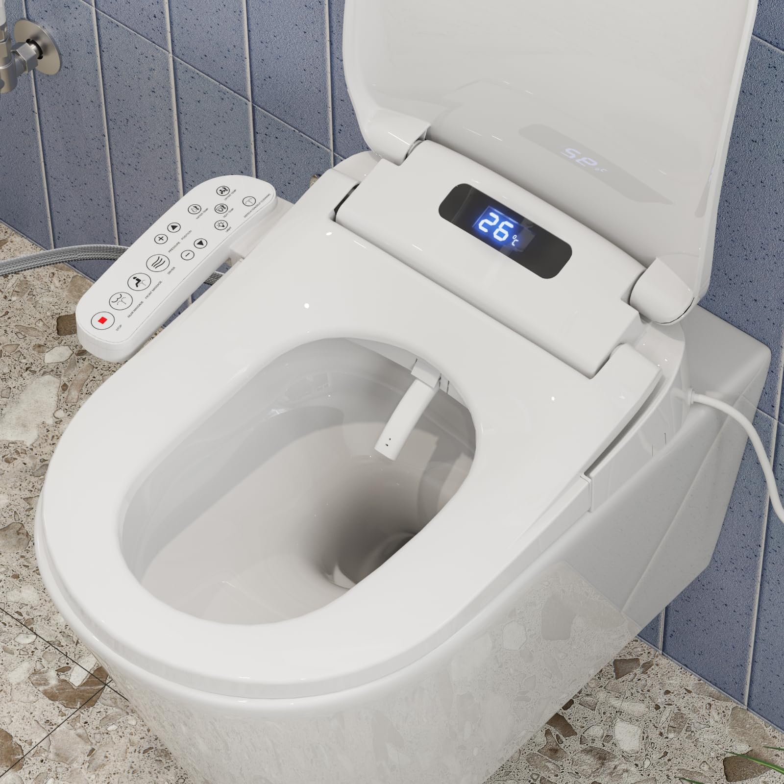 Komfort Smart Dusch WC Sitz - Elektrisch, Bidet, Warmluft. Weißer Dusch WC Sitz. Reinigt mit Wasser und Warmluft für Hygiene.