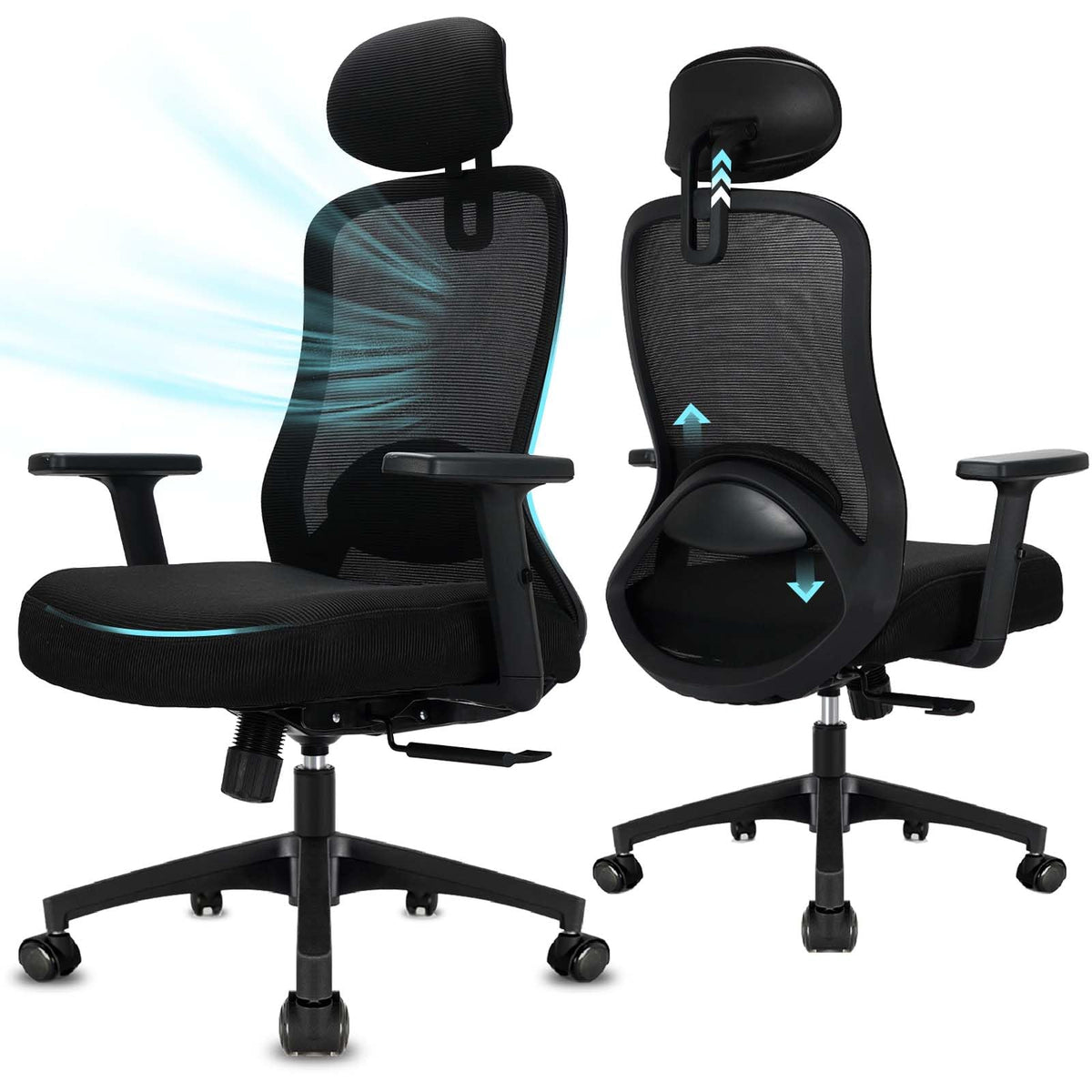 Milacyee Ergonomie Bürostuhl Drehstuhl Mesh – Schwarz: Schwarzer Bürostuhl mit Mesh-Bezug für ergonomisches Sitzen am Schreibtisch.