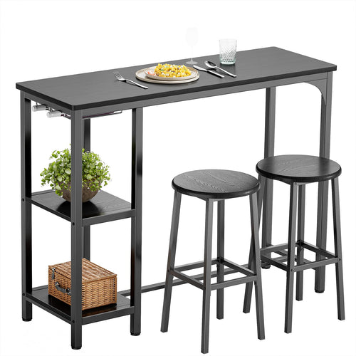 Bealife Bartisch mit Barhocker-Set: Schwarzer rechteckiger Tisch mit Ablagen und hohen Hockern. Ideal zum Essen in der Küche.