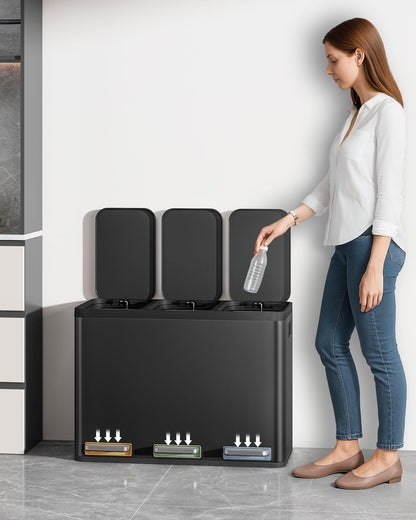 Hzuaneri Tretmülleimer Küche 45L, Mülltrennsystem 3 Fächer Edelstahl