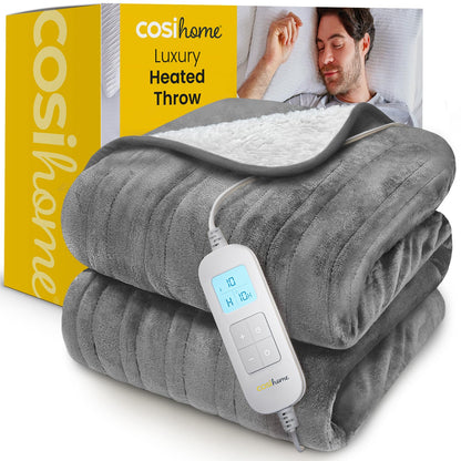 Cosi Home Heizdecke 180 x 130 cm, elektrische Wärmedecke, Grau, Mikrofleece mit Sherpa-Rückseite
