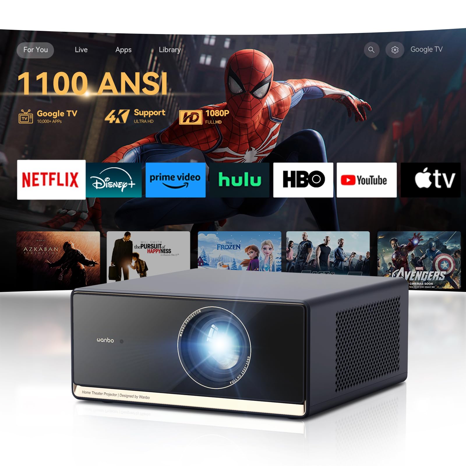 WANBO X5 PRO Smart Heimkino Videoprojektor 1080P. Rechteckiger, dunkler Projektor für 1080P-Filmwiedergabe im Heimkino.