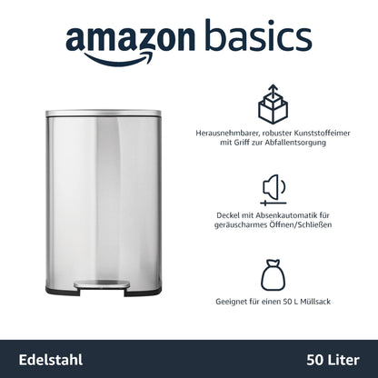 Amazon Basics 50l Rechteck Mülleimer - Küche, Pedal, Satiniert Nickel