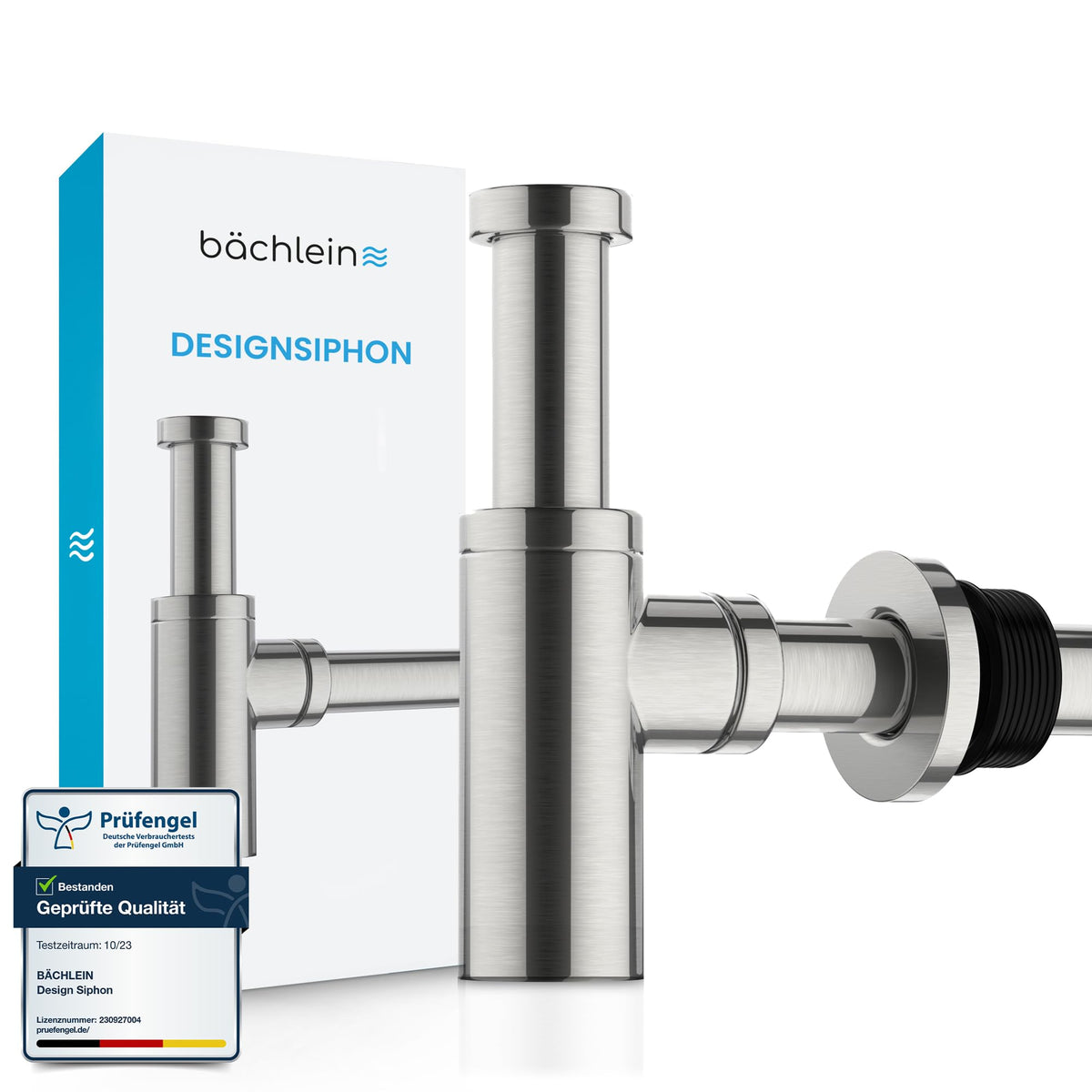 Bächlein Design Siphon Universal für Waschbecken, Edelstahl gebürstet – mit Rosette