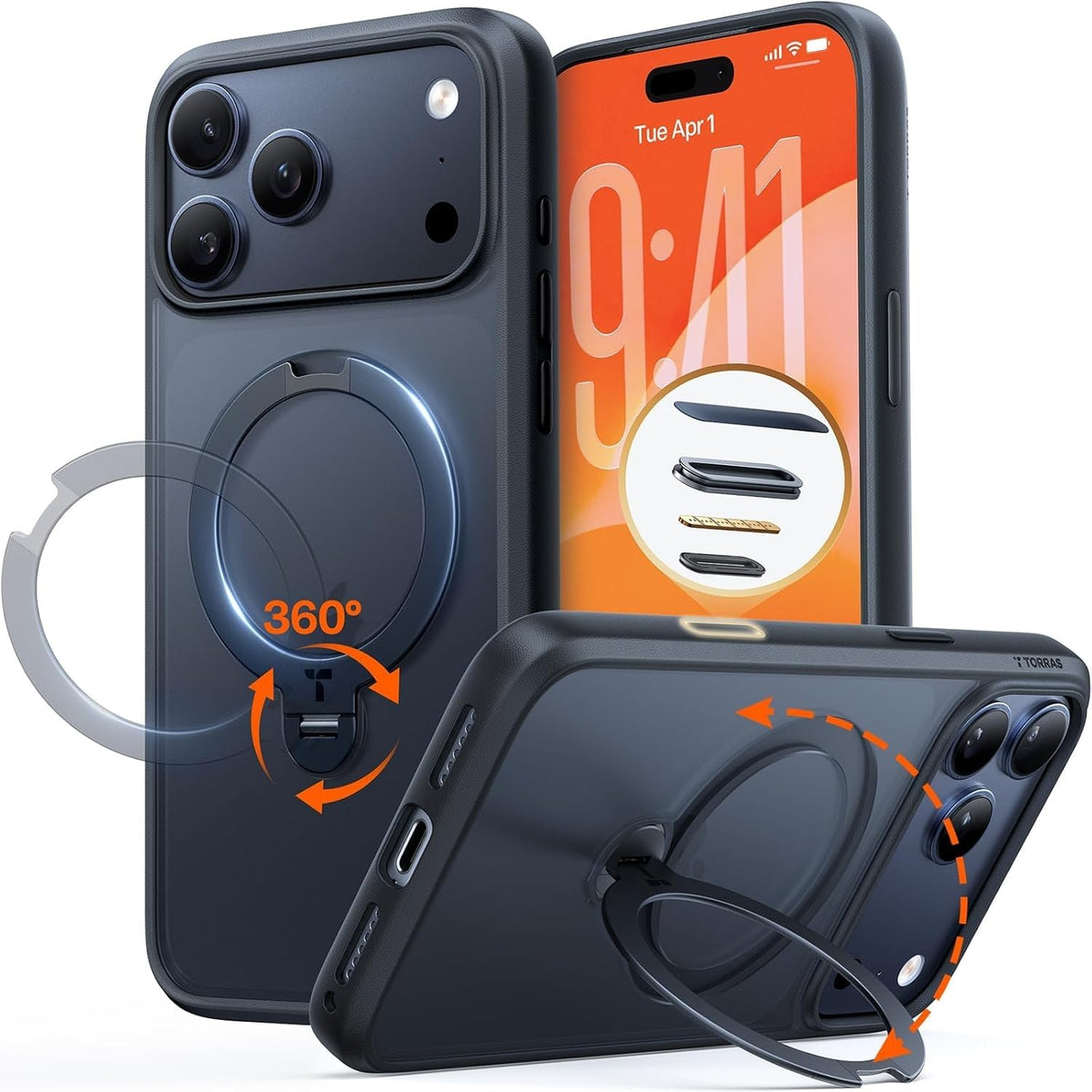 TORRAS Ostand Q3 Spin iPhone 17 Pro Hülle mit 360° Ständer, schwarz, matte kratzfeste Rückseite