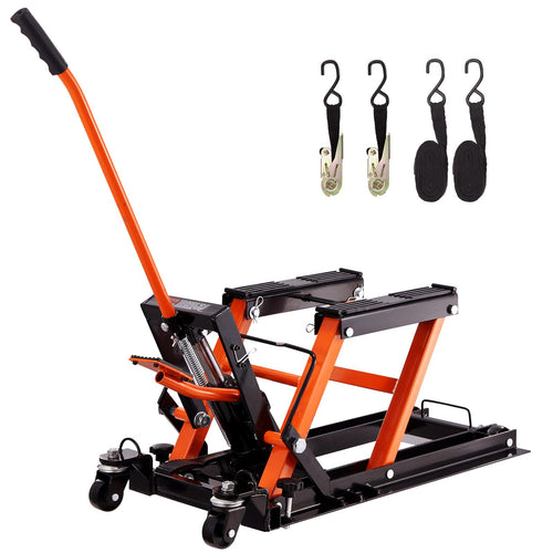 VEVOR Hydraulischer Motorradheber – Montagebock 700 kg, rotes Stahlgestell. Hebt Motorräder zur Wartung und Montage.