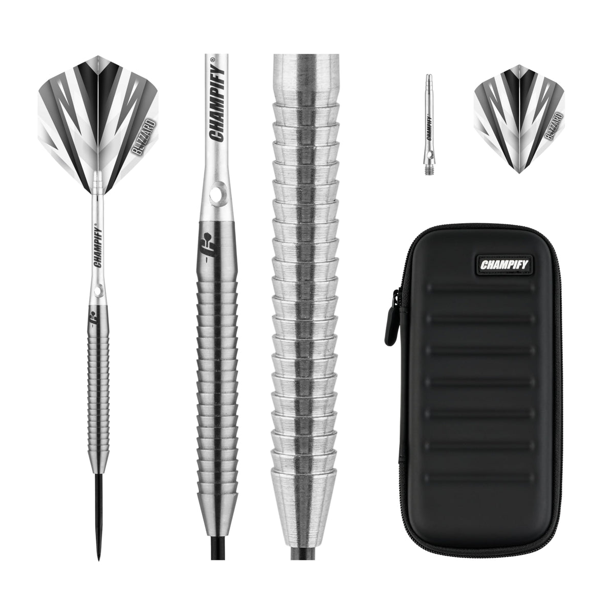 Champify Blizzard Steeldarts Set 23g 90% Tungsten mit Darttasche – drei Pfeile mit Aluminiumschäften und Flights