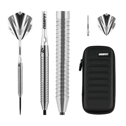 Champify Blizzard Steeldarts Set 23g 90% Tungsten mit Darttasche – drei Pfeile mit Aluminiumschäften und Flights